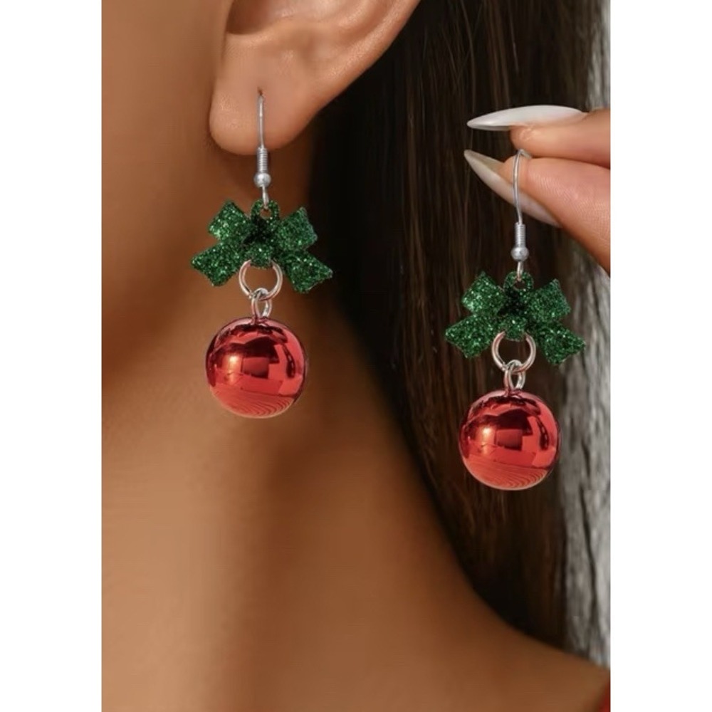 Christmas Holiday NEW Red Bells & Ribbon Dangle Earrings Green Glittery Bow Cute